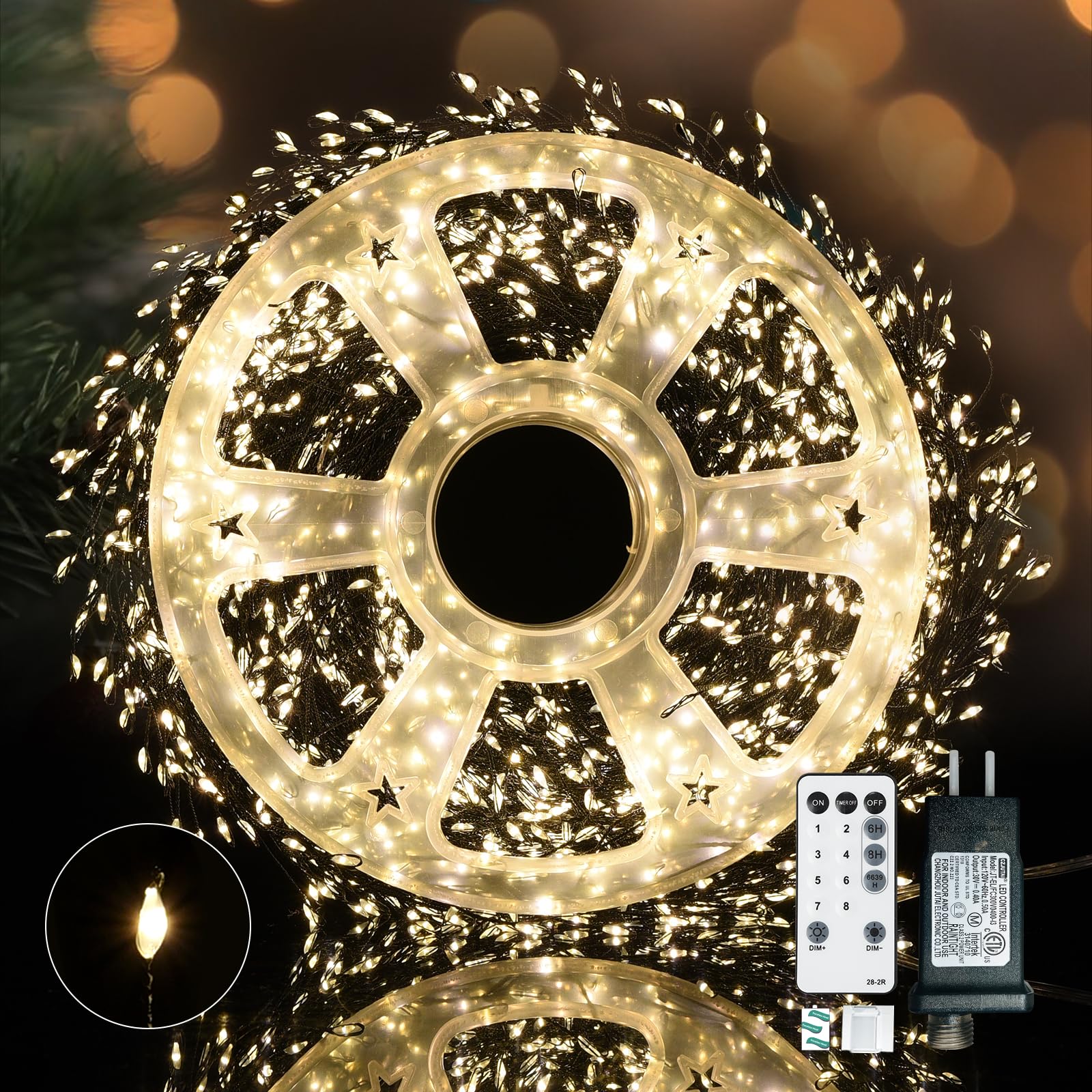 Dailyart Fairy Lights Plug in, 3000 Led Cluster Lights with Timer 195Ft Waterproof Warm Twinkle String Light with Remote for Bedroom Wreath Garland Window Wedding Christmas Tree Decoration,Black Wire