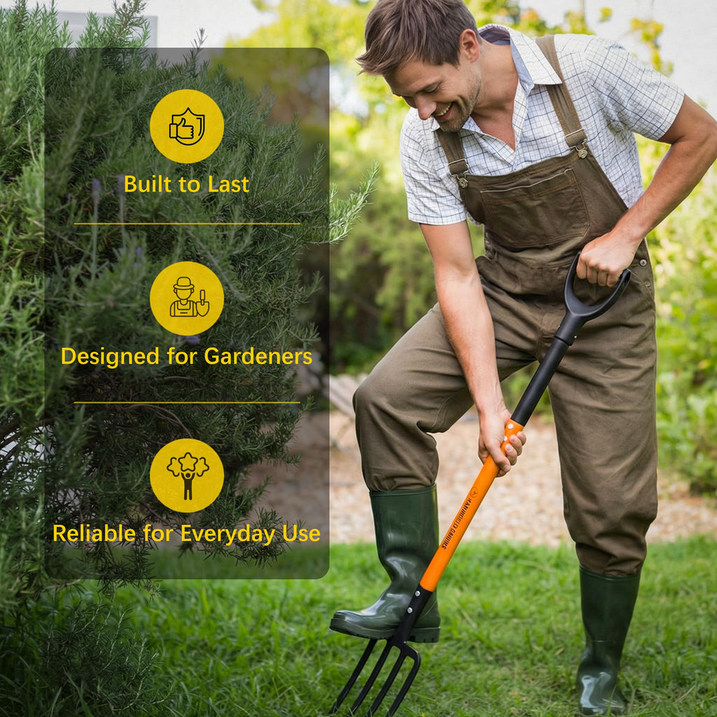 Pitch Fork for Garden, 4-Tines Garden Fork, 45-Inch Spading Fork, Heavy Duty Compost Digging Fork with Steel Handle and Enhanced D-handle, Orange
