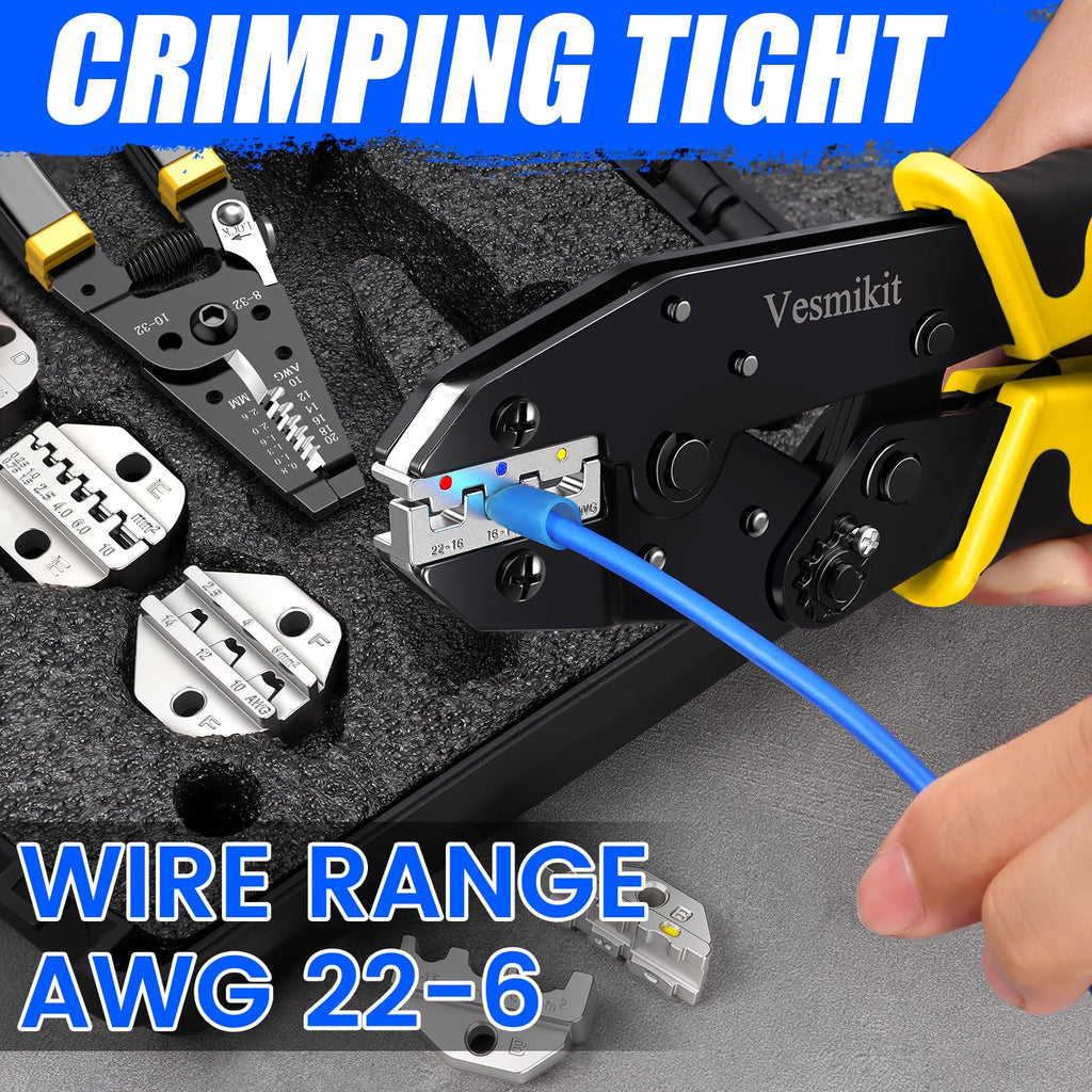 Vesmikit Crimping Tool Set 8PCS - Ratchet Wire Crimping Tool for Heat Shrink,Insulated Nylon,Non-Insulated,wire ferrules,Open Barrel Terminals,Solar Connectors - Crimper with 6 Interchangeable Die
