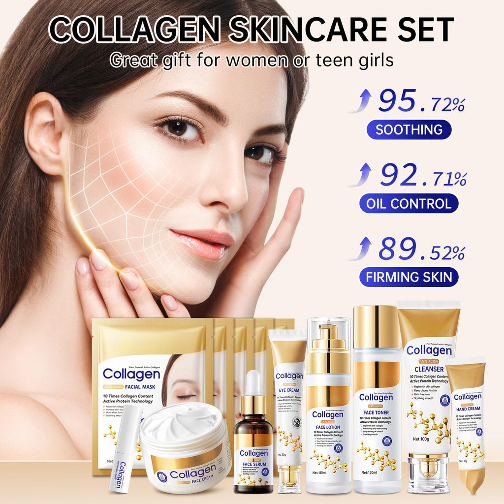Collagen Skin Care Set,13-In-1 Travel Skincare Kits for Firming Skin, Shrink Pores, Anti Aging Skincare Set for Reduce Wrinkles.Smooth Fine Lines.Hydrating,Facial Kits for Women & Girls.