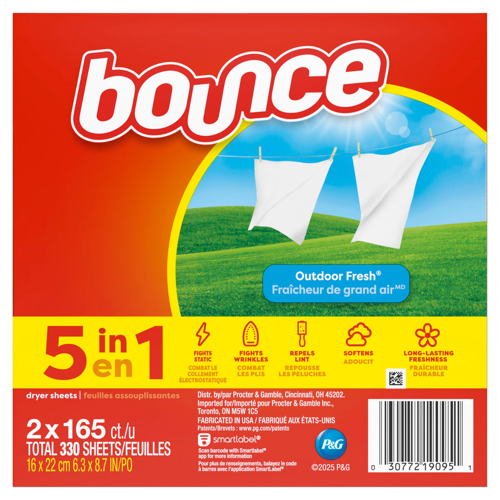 Bounce Dryer Sheets, 330 count, Outdoor Fresh Scent, Fabric Softener Sheets, Reduces Static, Softens and Fights Wrinkles
