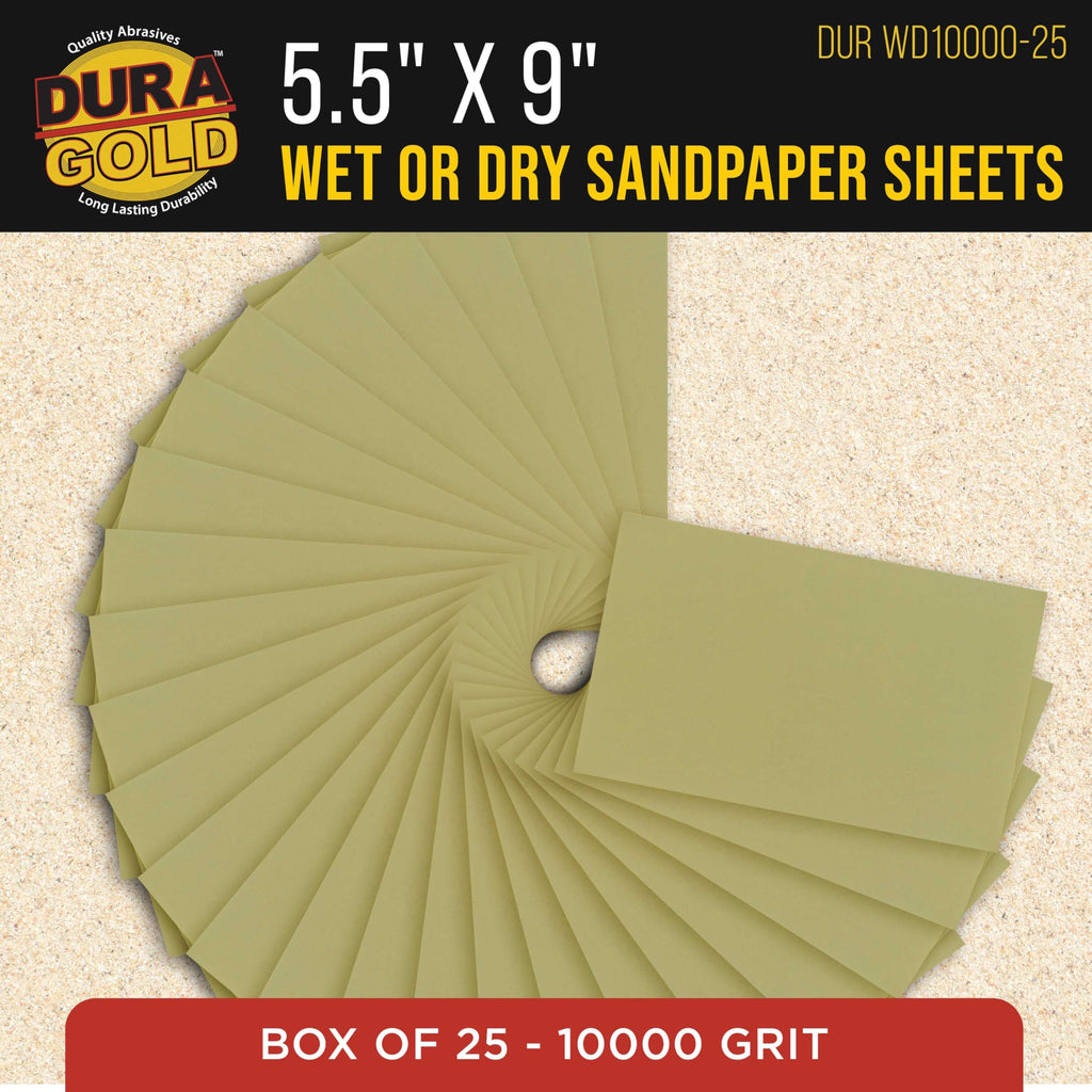 Dura-Gold Premium 10000 Grit Wet or Dry Sandpaper Sheets, 5-1/2" x 9", Box of 25 - Auto Car Color Sanding Detailing, Polishing Wood, Plastic Glass, Epoxy, Stone, Metal Finishing Hand Sand Block Sander