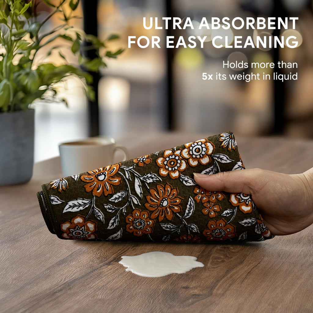 RECYCO Waffle Kitchen Towel Set of 2 - Quick Dry Microfiber Sustainable Dish Towels - Ultra Absorbent Reusable Cleaning Tea Towels - Lightweight Hand Towels,16”x 28”, Amber Flora