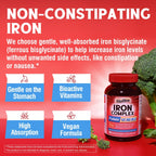 Iron Supplement for Women & Men, with Vitamins C, B6, B12 & Folate for Iron Deficiency, Blood Building & Energy Support, Stomach Friendly, Better Absorption, Non-GMO, No Gluten, 90 Vegan Caps