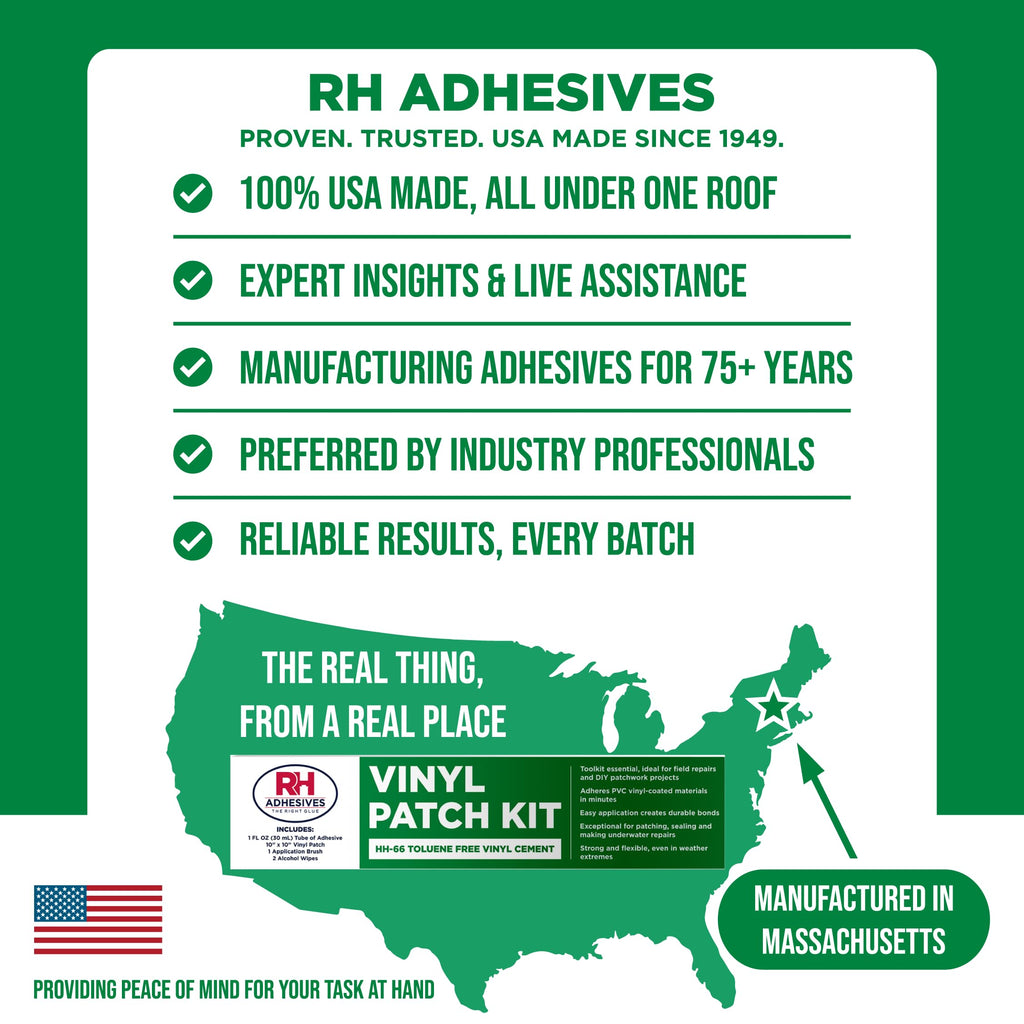 RH Adhesives Vinyl Patch Kit with 10" x 10" Reinforced Flexible PVC, 1 oz. Tube of HH-66 TF Vinyl Cement, Applicator Brush, Alcohol Wipes (White, Midweight PVC (14 oz.))