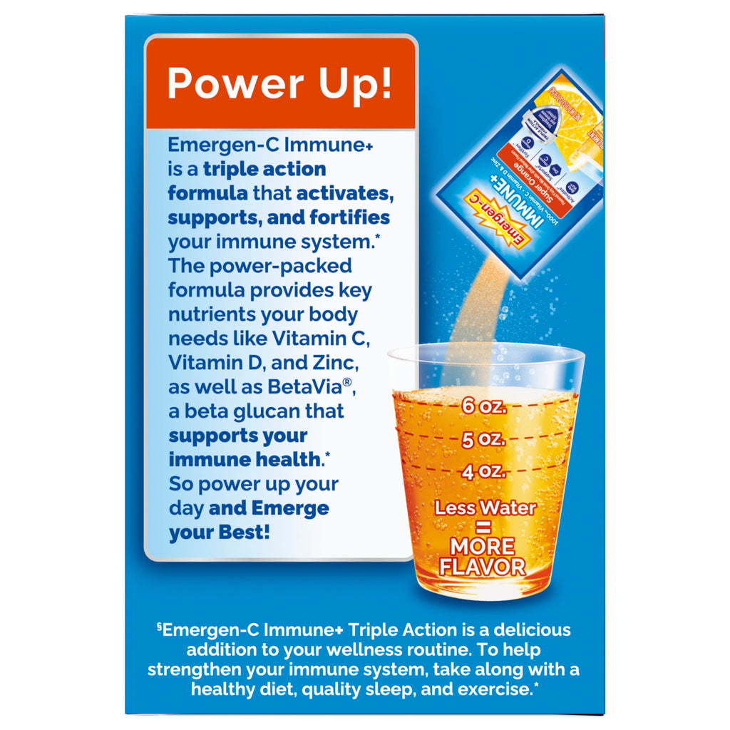 Emergen-C Immune+ Triple Action Immune Support Powder, BetaVia (R), 1000mg Vitamin C, B Vitamins, Vitamin D and Antioxidants, Super Orange – 30 Count