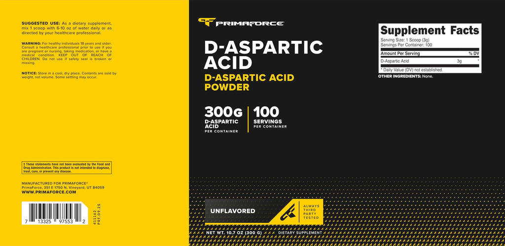 Primaforce D-Aspartic Acid 300 Grams (100 Servings), Unflavored, Vegetarian, Non-GMO