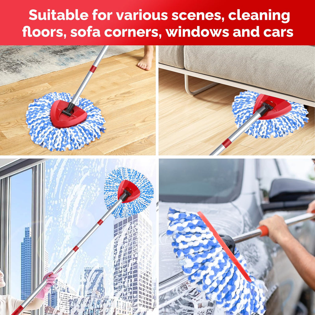 Spin Mop Head, Base, Handle Replacement for O-Ceda RinseClean 2 Tank System,4 Microfiber Mop Refills, 1 Base and 30-58in Handl Set Combo (Blue 2 Tank System)