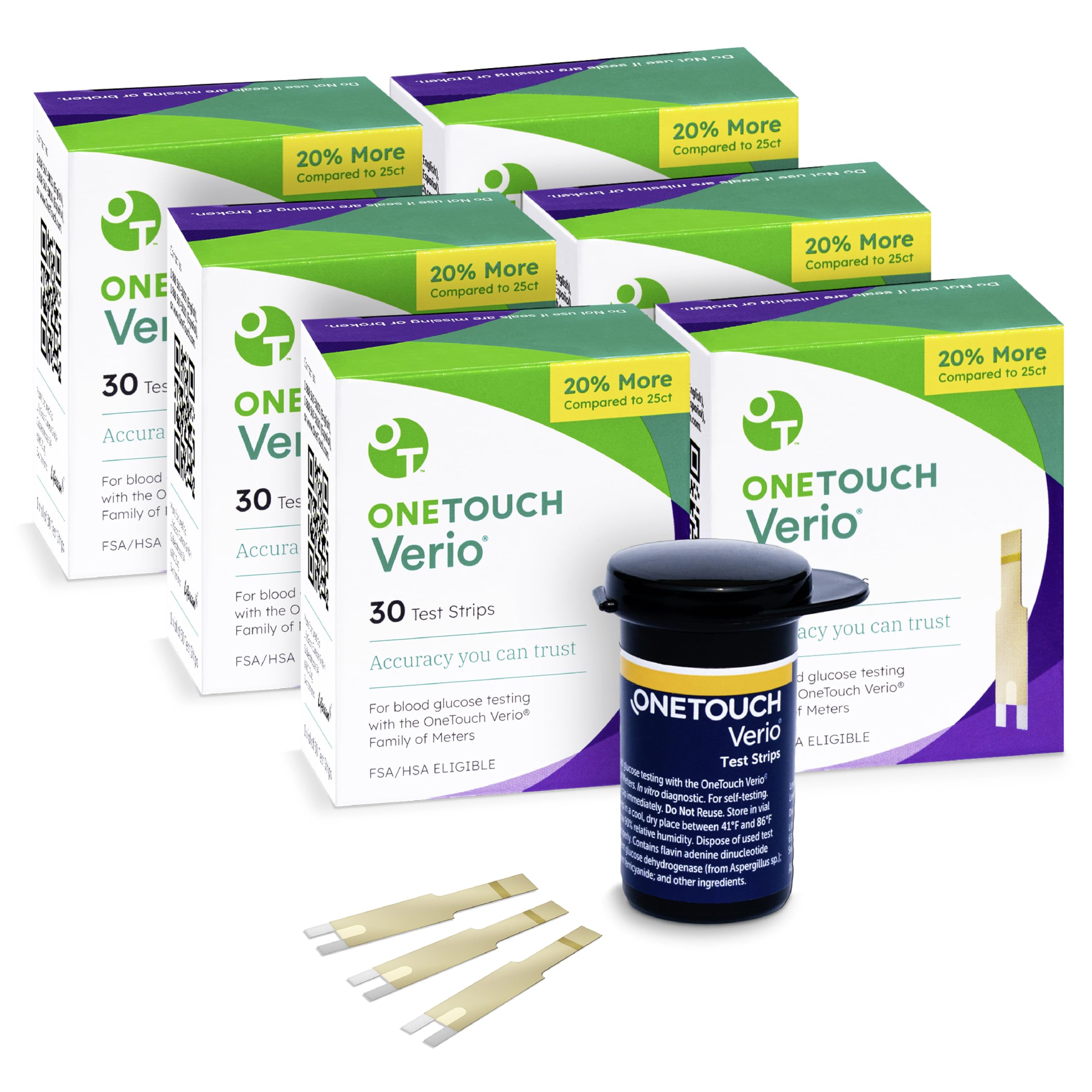 OneTouch Verio Test Strips - 180 Count - Diabetic Test Strips for Blood Glucose Meter & Daily Blood Sugar Levels - 30 Count/Pack (6 Pack)