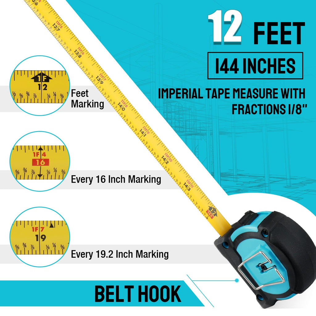 DURATECH Magnetic Tape Measure 12FT with Fractions 1/8, 2 Pack Retractable Measuring Tape, Easy to Read Both Side Measurement Tape, Magnetic Hook and Shock Absorbent Case for Construction, Carpenter