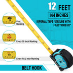 DURATECH Magnetic Tape Measure 12FT with Fractions 1/8, 2 Pack Retractable Measuring Tape, Easy to Read Both Side Measurement Tape, Magnetic Hook and Shock Absorbent Case for Construction, Carpenter