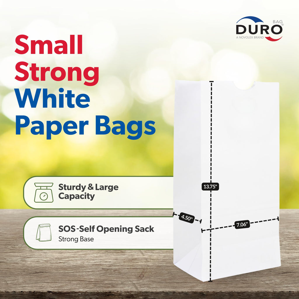 Duro 12# White Paper Lunch Bags 500 Count, Bulk Disposable SOS Paper Bags for Bread, Bagel, Deli & Restaurant Takeout or Delivery - 7.06 x 4.50 x 13.75 Inches