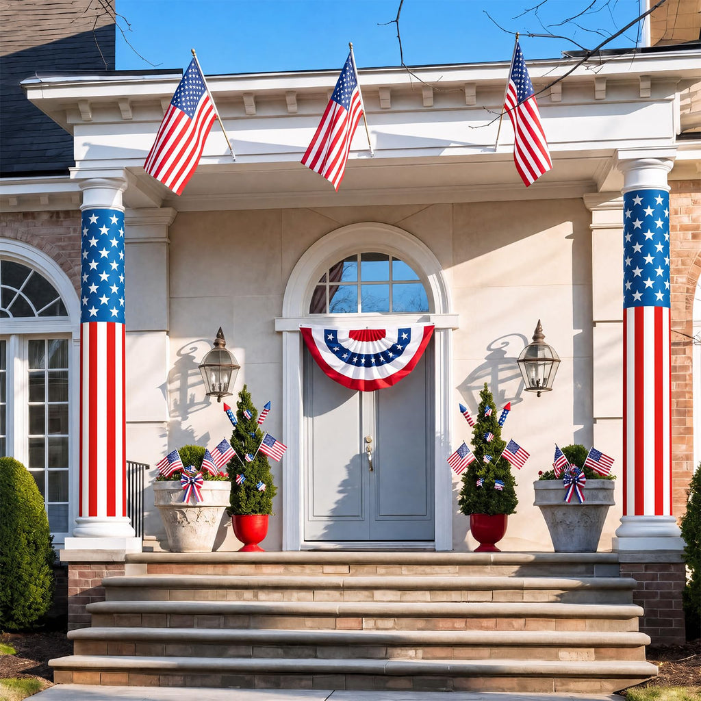 Frienda 4 Pack 4th of July American Flag Column Wraps 108 x 54 Inch Striped Porch Independence Day Column Wraps with 1 Roll Tape Disposable Pillar Wrap for Independence Day Party Outdoor Decor