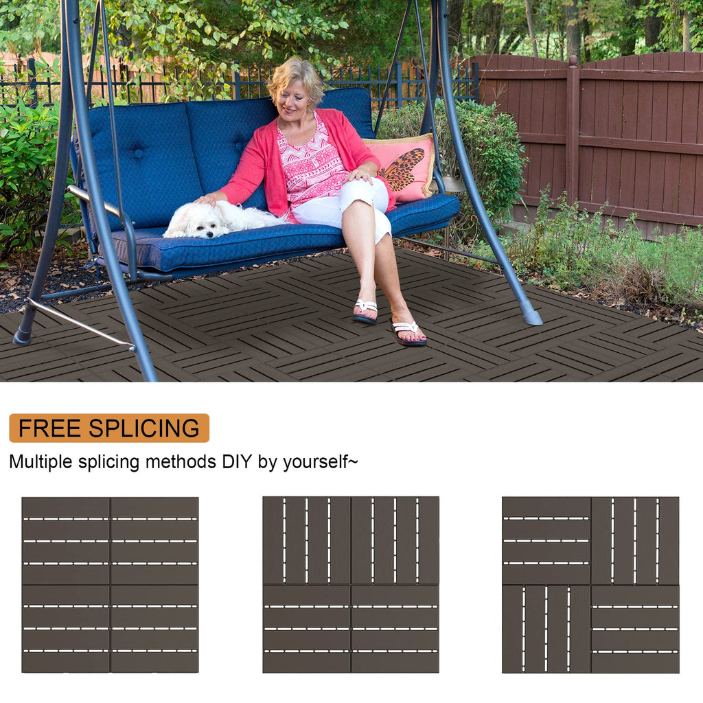 Goovilla Plastic Interlocking Deck Tiles, 9 Pack Balcony Flooring, 12"x12" Waterproof Outdoor Flooring All Weather Use, Patio Floor Decking Tiles for Porch Poolside Backyard Concrete, Dark Coffee