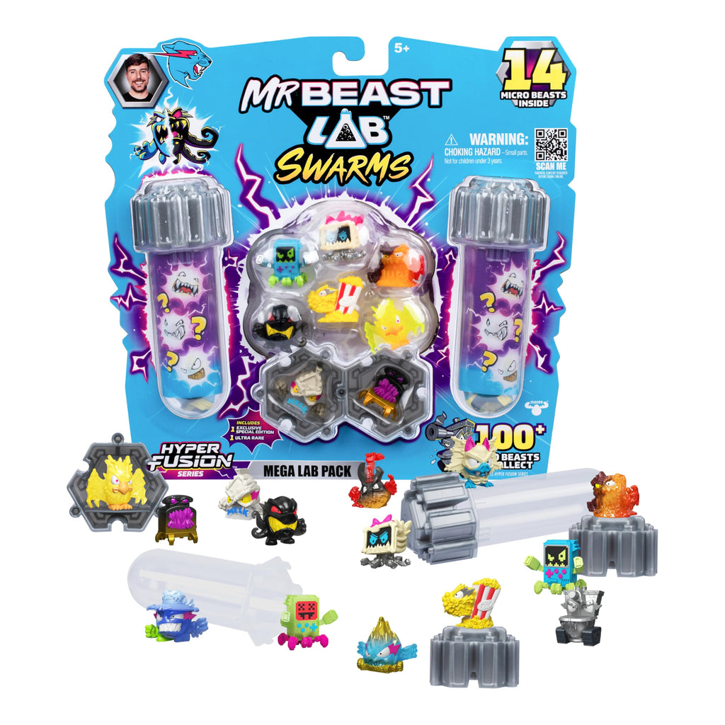 MRBEAST LAB Swarms Series 3, Hyper Fusion Series, 14 Pack Collectible Micro Beasts, 14 Collectible Stickers & 4 Fusion Caps to Build Out Your Own Milk Bones