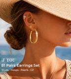 81 Pairs Gold Stud Earrings Set for Women Multipack, Trendy Pearl Cubic Zirconia Butterfly Heart Stud Hoops Earrings Packs, Gold Hoops Earrings for Jewelry Gifts