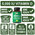 Peak Performance Advanced Vitamin D 5000 IU with All 3 Types of Vitamin K Vitamin D3 and Vitamin K2, K1, MK-7 (MK7), MK4 Supplement - 60 Small and Easy to Swallow Vegetable Pills