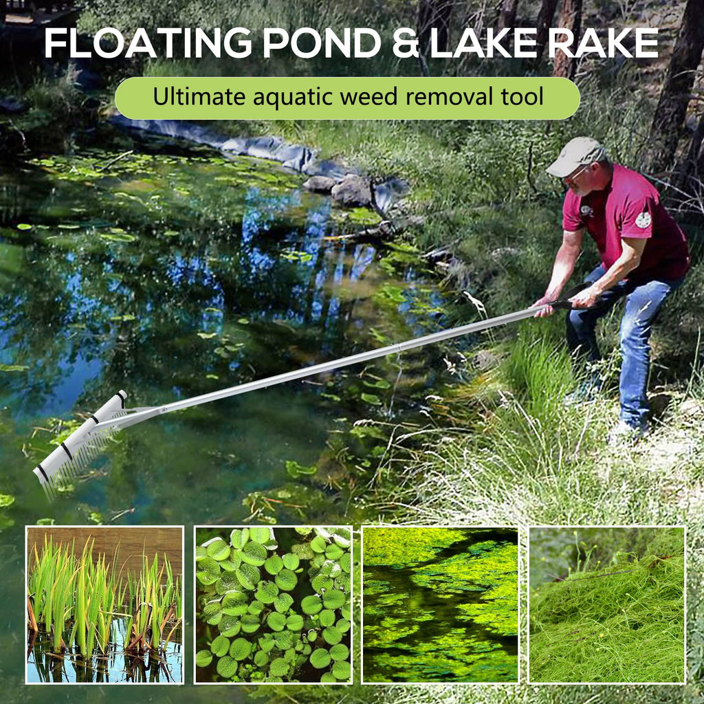PVNIEFC Floating Lake Rake, 36" Aluminum All Purpose Lake and Landscape Rake with 11' Extension Handle and 52' Rope, Weed & Algae Removal