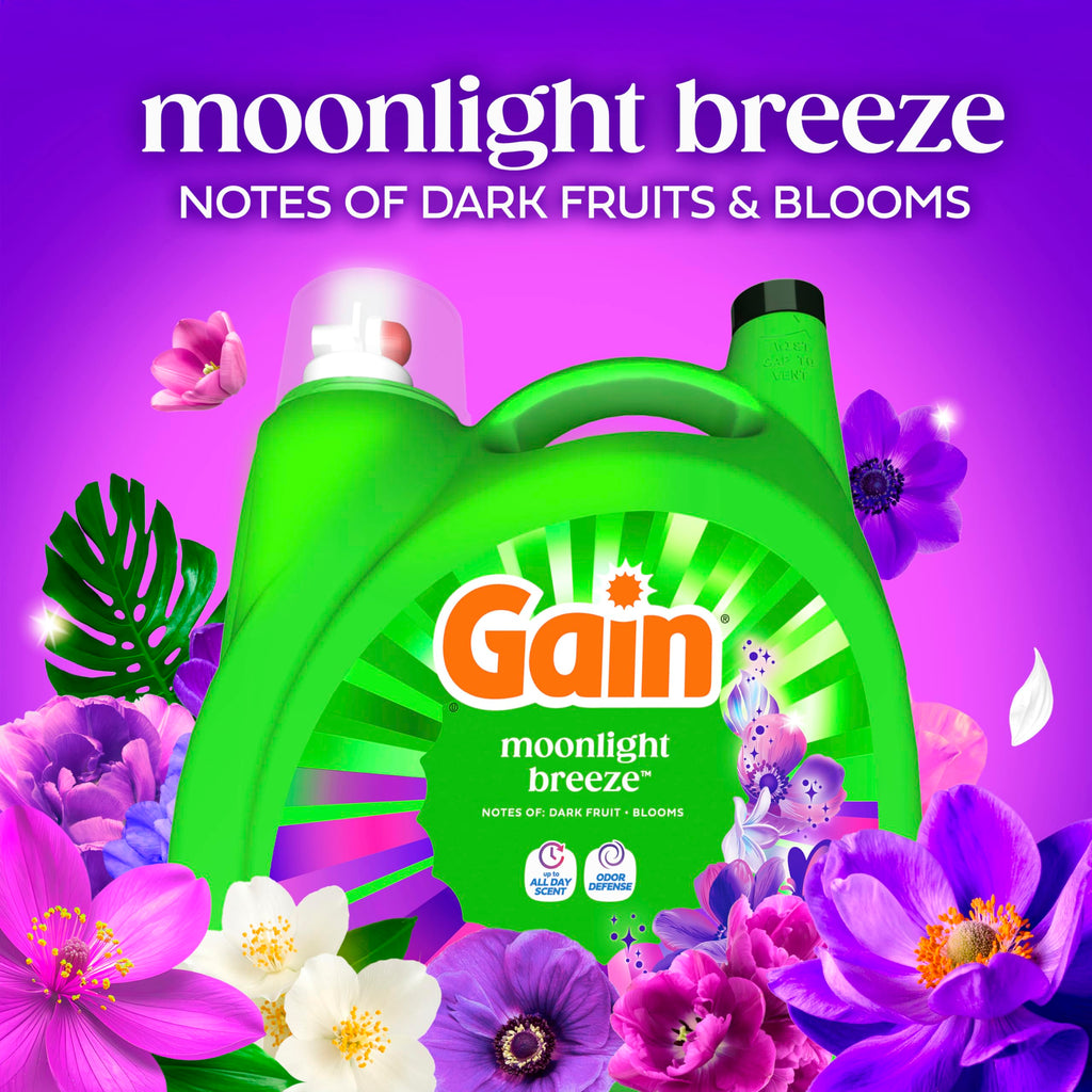 Gain Liquid Laundry Detergent, Now with Odor Defense, Moonlight Breeze Scent, 132 fl oz, 100 Loads (Packaging May Vary)