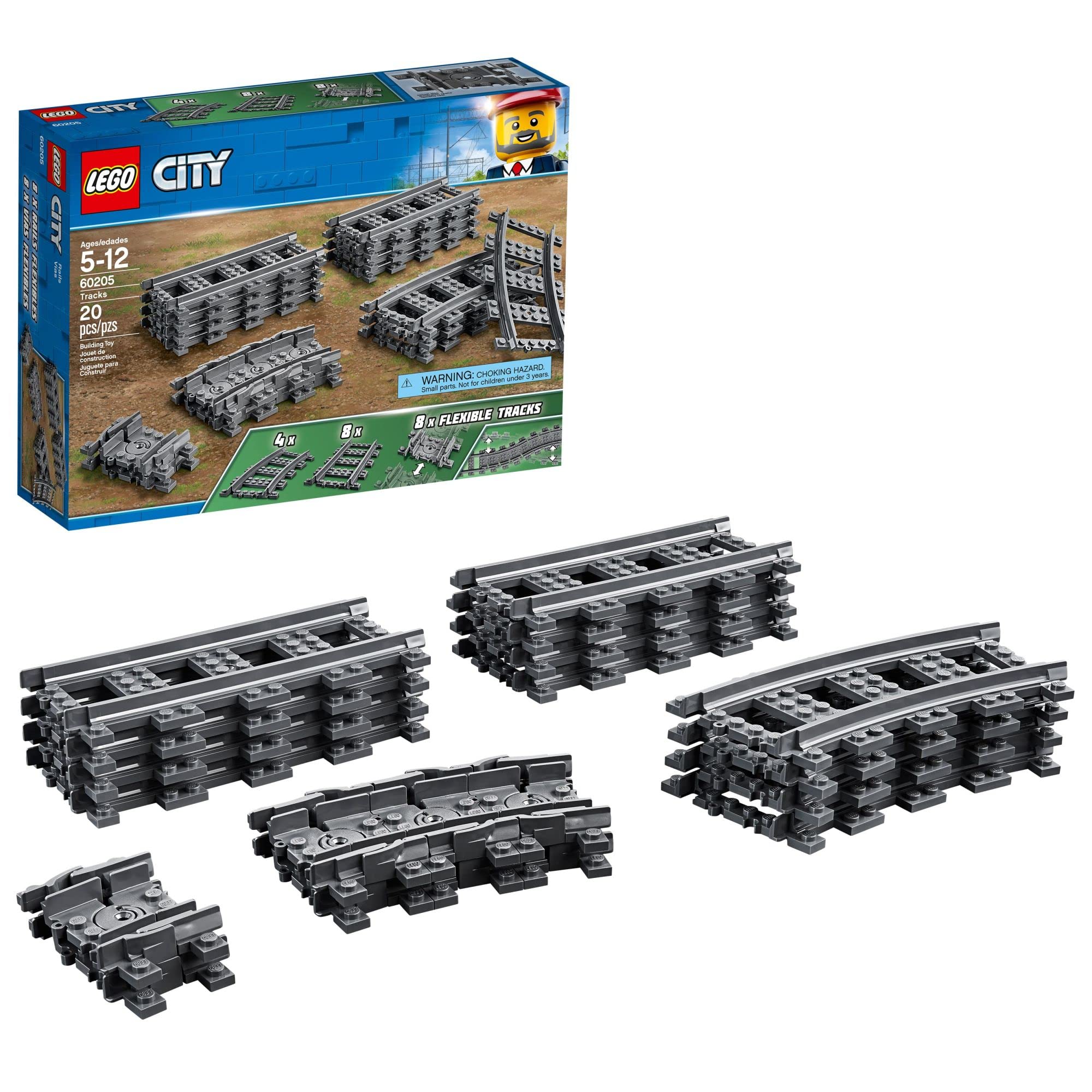LEGO City Tracks - Train Track Expansion Set - Additional 20 Pieces Compatible with Our Sets - 8 Straight, 4 Curved, & 8 Flexible Tracks - 60205