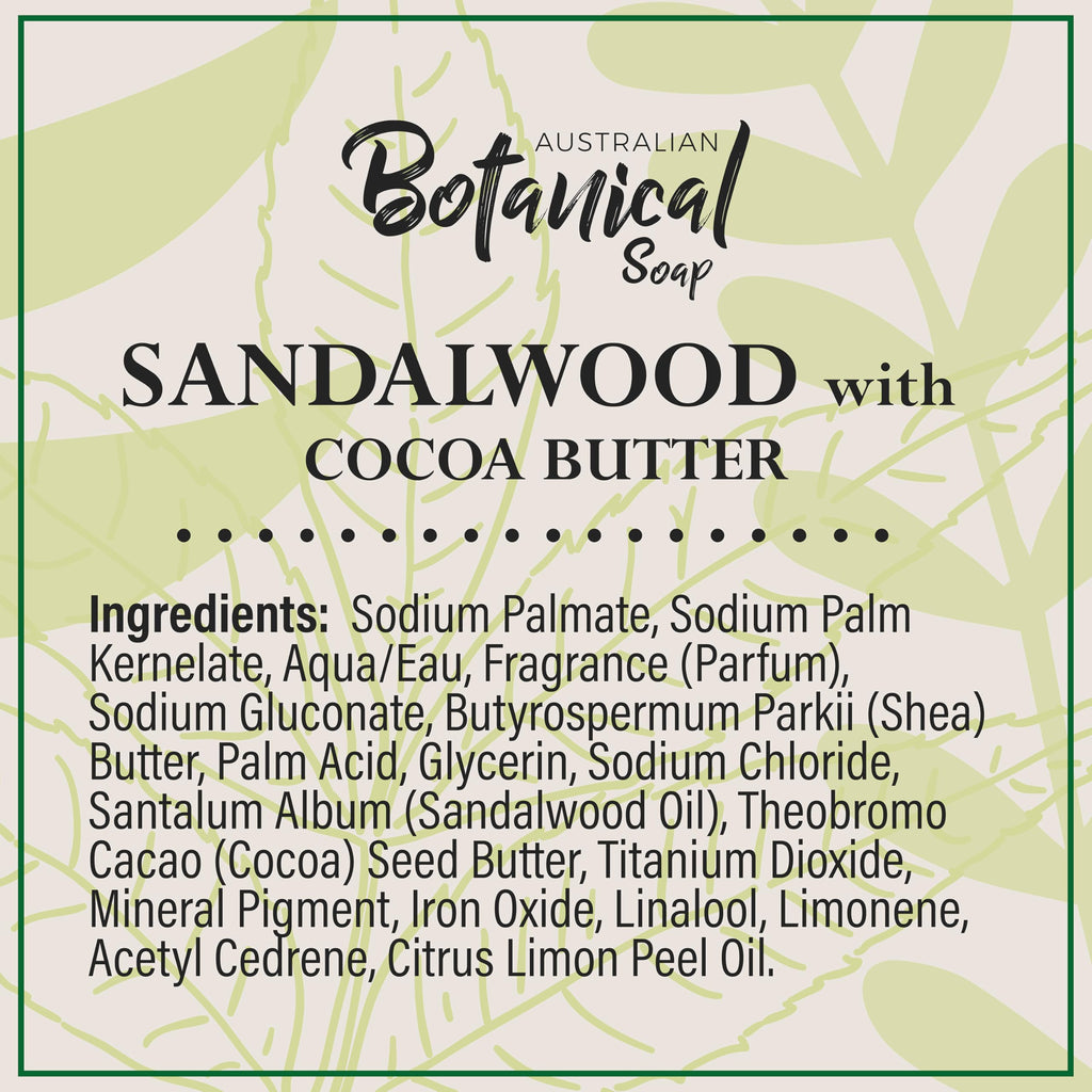 Australian Botanical Soap, Sandalwood and Cocoa Butter, 6.6 OZ, Triple Milled Bars Made with a Natural Soap Base and Enriched with Organic Shea Butter, Pack of 8