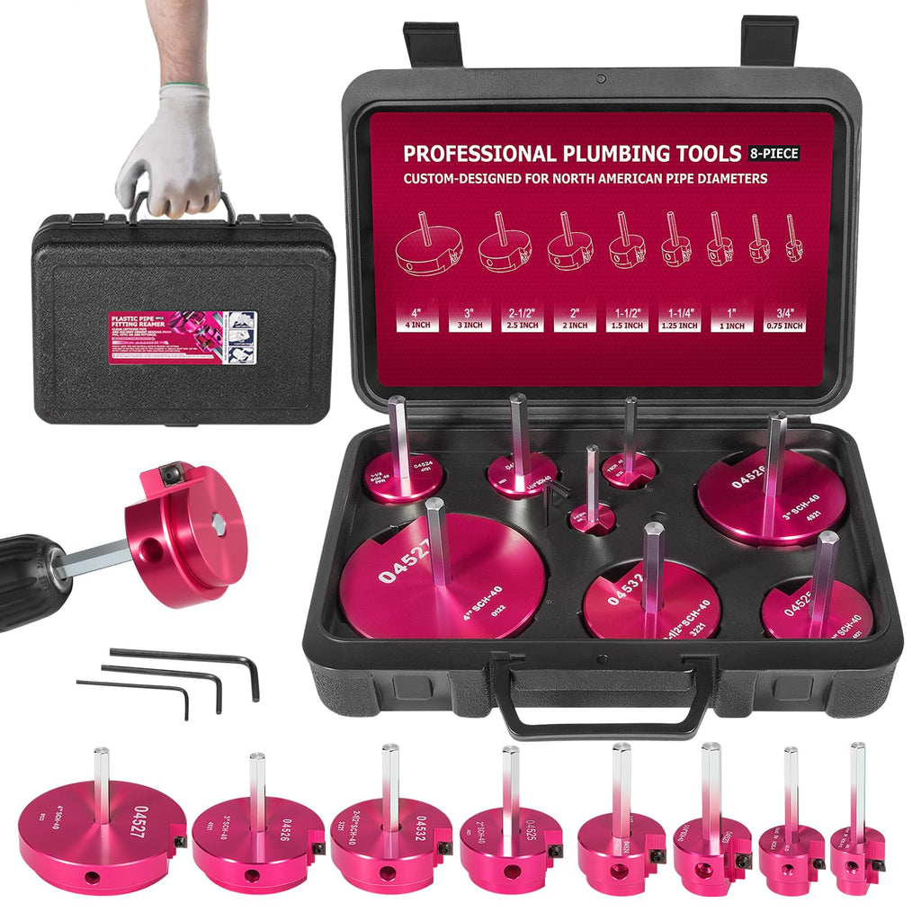Premium 8Pcs PVC Pipe Reamer Kit - Complete Reamer Set, Fits Standard 1/2" Drills, Includes P3/4", 1", 1-1/4", 1-1/2", 2", 2-1/2", 3", 4" For Standard 1/2" Drills, Ideal for PVC, CPVC, ABS Pipes