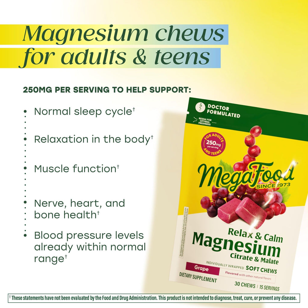 MegaFood Relax + Calm Magnesium Complex with Magnesium Citrate & Malate for Heart Health, Muscle Tension & More – Doctor Formulated - Vegetarian – Grape Flavor - 60 Soft Chews (30 Servings)