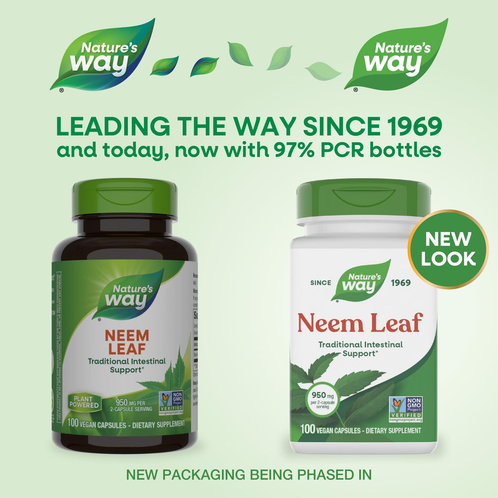 Nature's Way Neem Leaf Capsules,Traditional Intestinal Support*,Used in Ayurveda,950 mg per 2-Capsule Serving,Non-GMO Project Verified,Vegan,(Packaging May Vary),100 Count (Pack of 2)