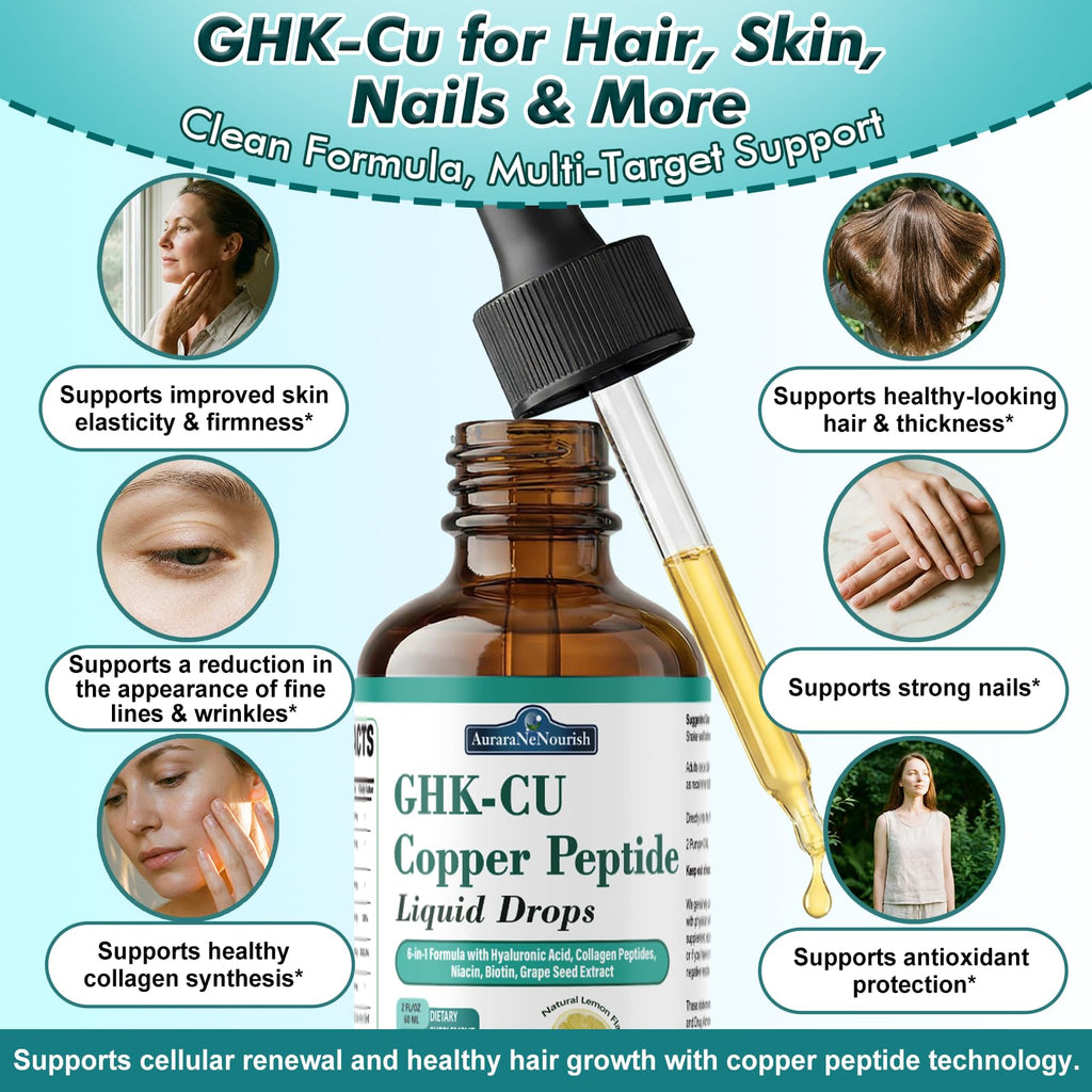 GHK-Cu Copper Peptide Oral Liquid Drops, 6-in-1 Liposomal GHK Cu Supplement w. Marine Collagen Peptides, Hyaluronic Acid, Biotin & Grape Seed, Support Skin Elasticity, Anti-Aging, Hair Growth & Nails