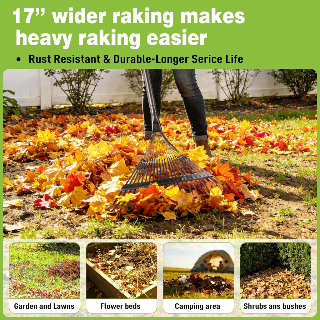 Altdorff Garden Leaf rake, 6FT Rake for Lawns Lightweight 22 Metal Tines 16.3 inch Wide, Adjustable Steel Handle, Rakes for Leaves, Gathering Shrub, Grass, Weeds, Debris,Yard