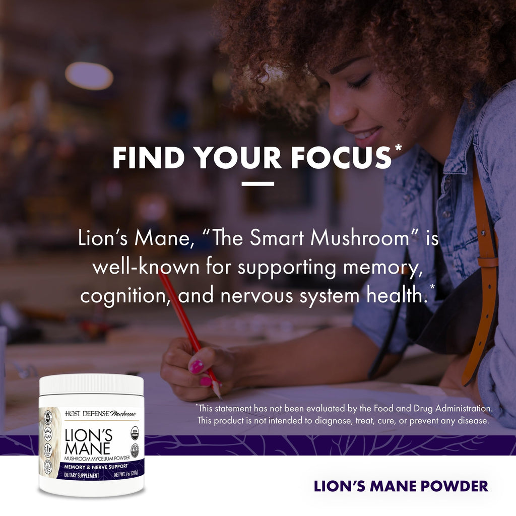 Host Defense Lion's Mane Powder - Brain Health Support Supplement - Mushroom Supplement to Support Focus & Memory Function - Immune & Nervous System Support Supplement - 7 oz (133 Servings)*