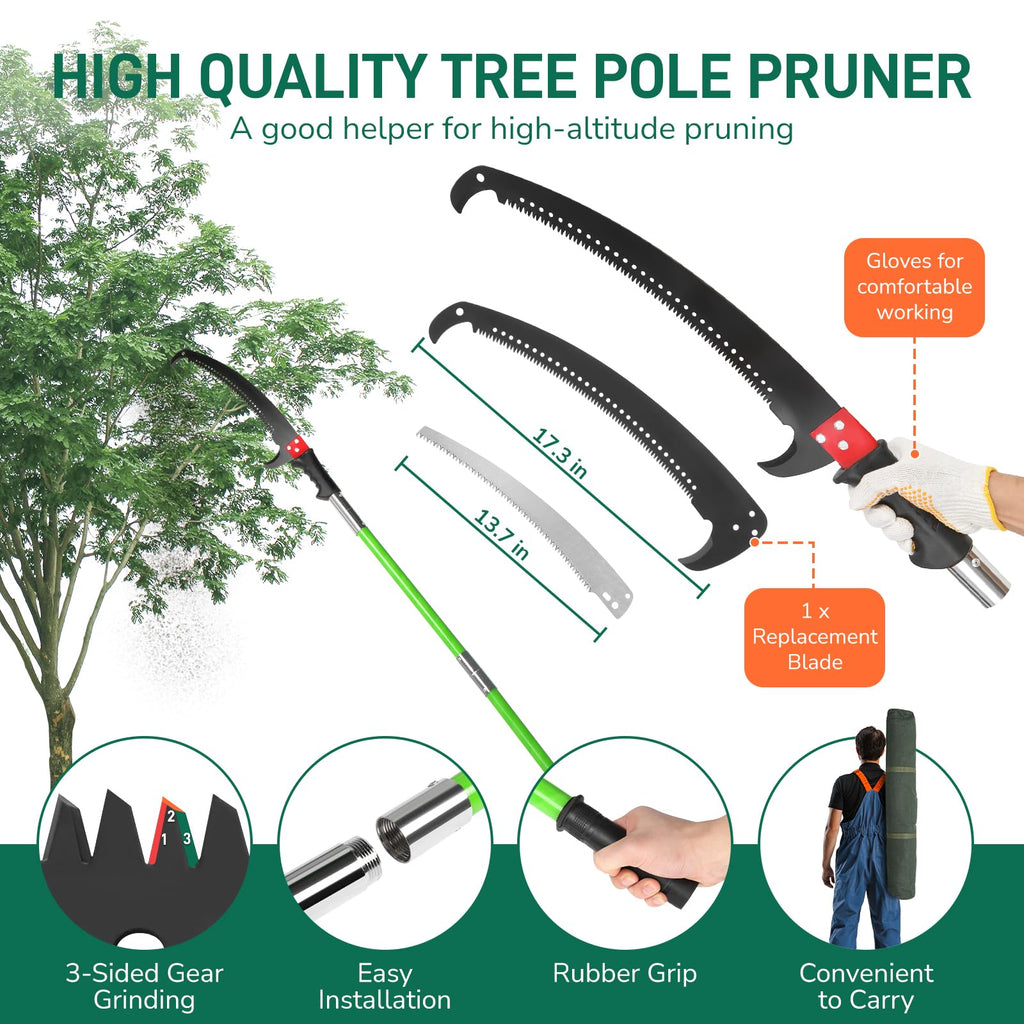 VINGLI 26FT Manual Pole Saw for Tree Trimming, Extendable Tree Pruner, Sharp Steel Blade and Scissors, High Tree Branch Cutter with Lightweight 8 Fiberglass Long Handles, for Pruning Palms and Shrubs