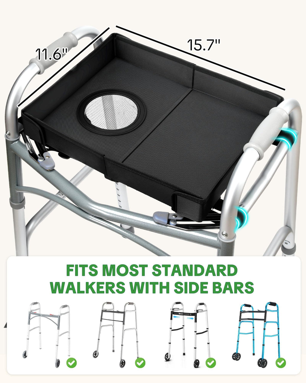 FANGSUN Walker Tray for Folding Walker 2.0 – Upgraded Detachable Tray for Walkers with Extended Straps & Cup Holder, Fits Rolling Walkers with Side Bars, Mobility Accessory for Seniors