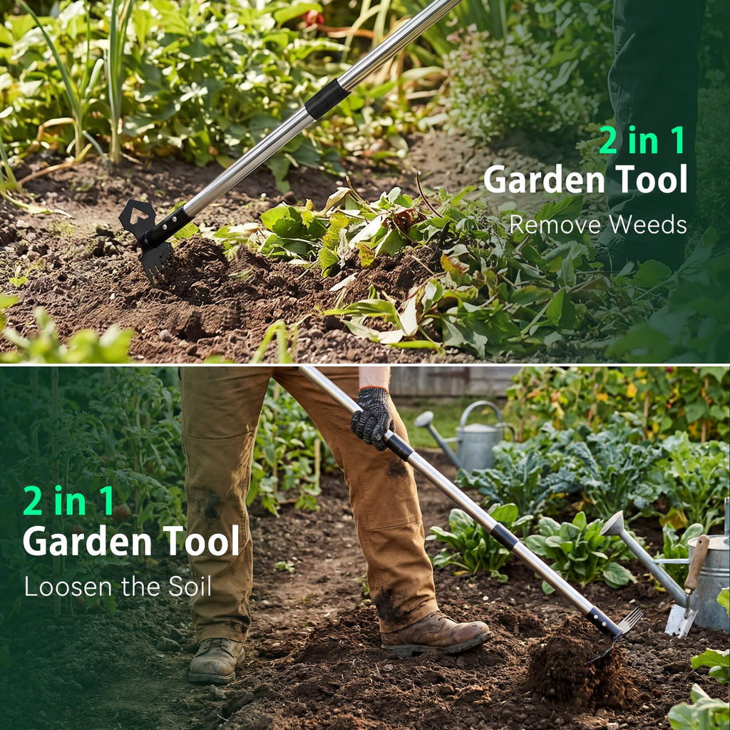 60" Weed Puller Tool with Long Handle, 2-in-1 Weed Rake & Garden Hoe, Stand Up Weeding Tools Gardening, Heavy Duty Steel Weeder Tool, Manual Uprooting Weed Remover Tool for Yard, Lawn, Patio, Garden