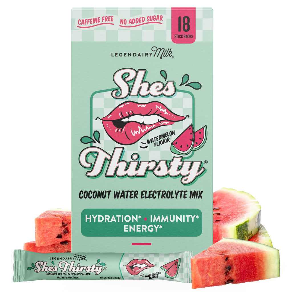 Legendairy Milk She’s Thirsty – Watermelon, Hydration Packets | Cortisol Supplement for Stress Relief & Adrenal Support | Coconut Water Electrolytes Powder, No Sugar Added 18 ct