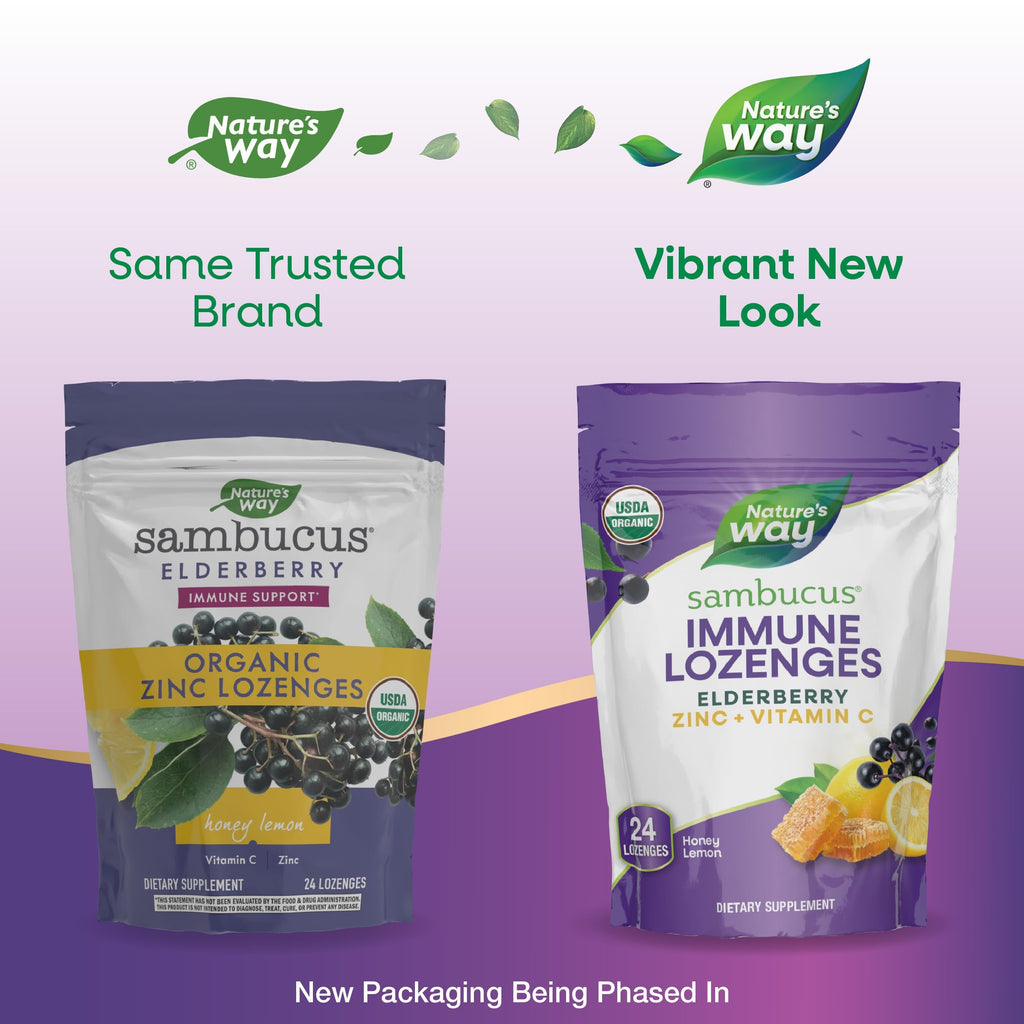 Nature's Way Sambucus Immune Lozenges, Zinc, Vitamin C, Elderberry, Immune Support*, USDA Organic, Honey Lemon Flavor, 24 Lozenges (Packaging May Vary) - 3 Pack