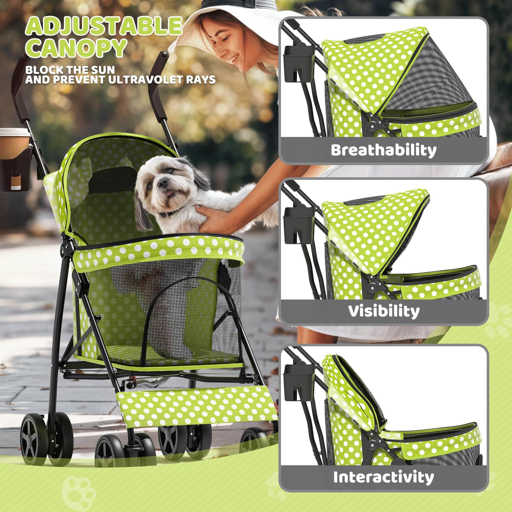 Magshion Compact Pet Stroller for Small-Medium Dogs/Cats up to 22lbs, 4-Wheel Lightweight Umbrella Shaped Portable Puppy Travel Jogger with Breathable Mesh, Cup Holder & Rear Storage, Lawn Green