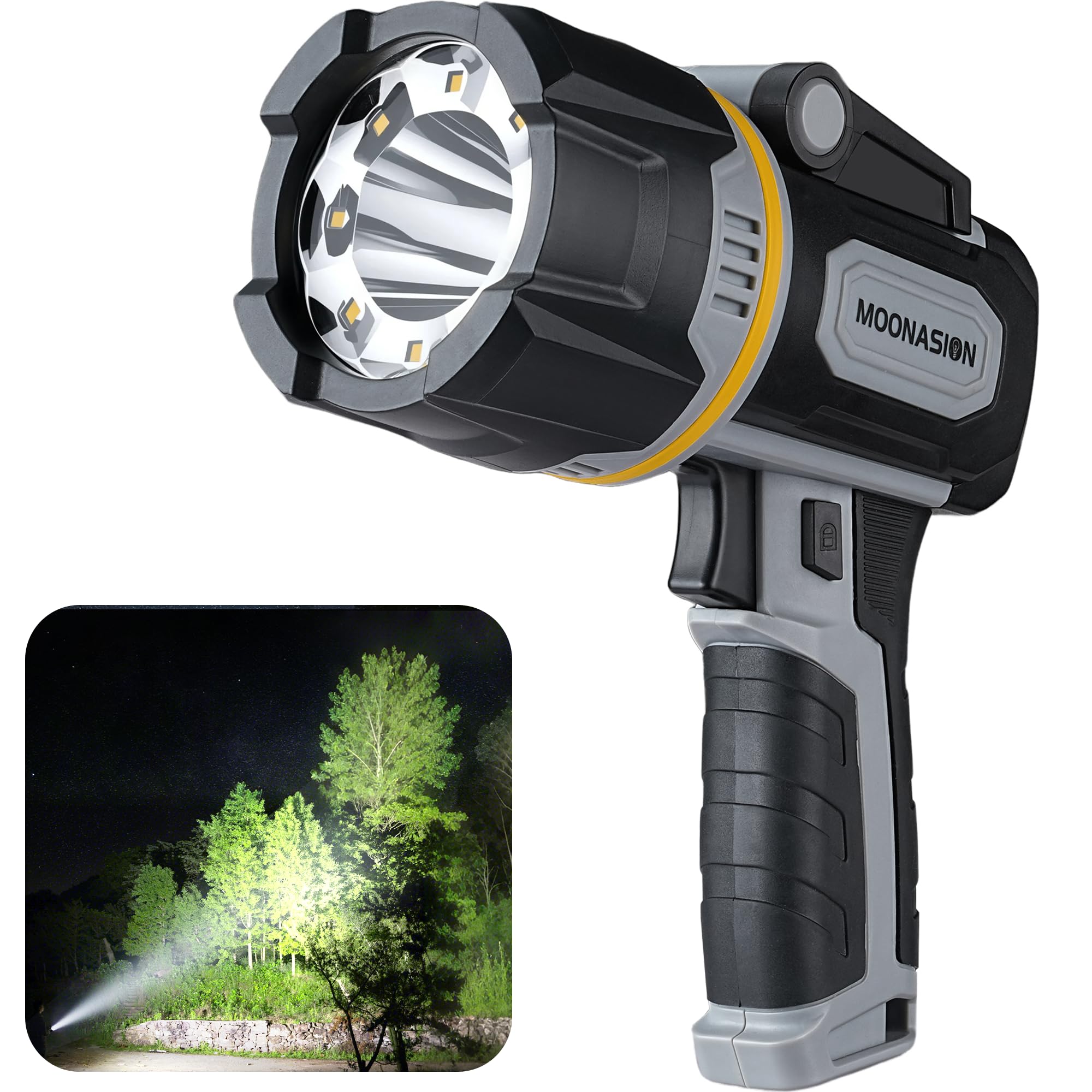 MOONASION Rechargeable Spotlight 2000000 Lumen, Super Bright 9 LED Spotlight Flashlight with COB Light & Foldable Stand, Long Lasting Large Handheld Spot Light for Boating Camping Boat Marine