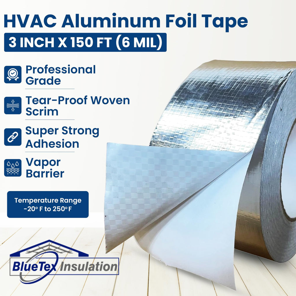 BlueTex Insulationㅤ HVAC Aluminum Foil Tape 3 inch x 150 ft (6 mil), Professional Grade Silver Duct Tape Metallic, Tear-Proof HVAC Tape, Heavy Duty, for Ductwork, Dryer Vent & Insulation - 16 Rolls