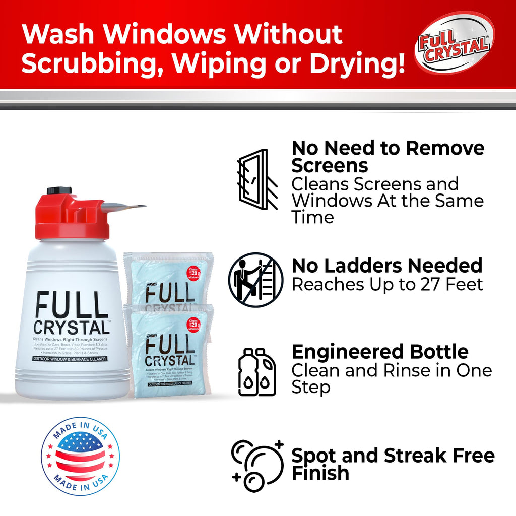 Full Crystal Window Cleaning Kit – 8 oz Glass Cleaner and Bottle with 27 ft Reach, Each 4 oz Bag Makes Up to 640 fl oz, Cleans Up to 40 Windows, Scrub-Free, Rinse-Free