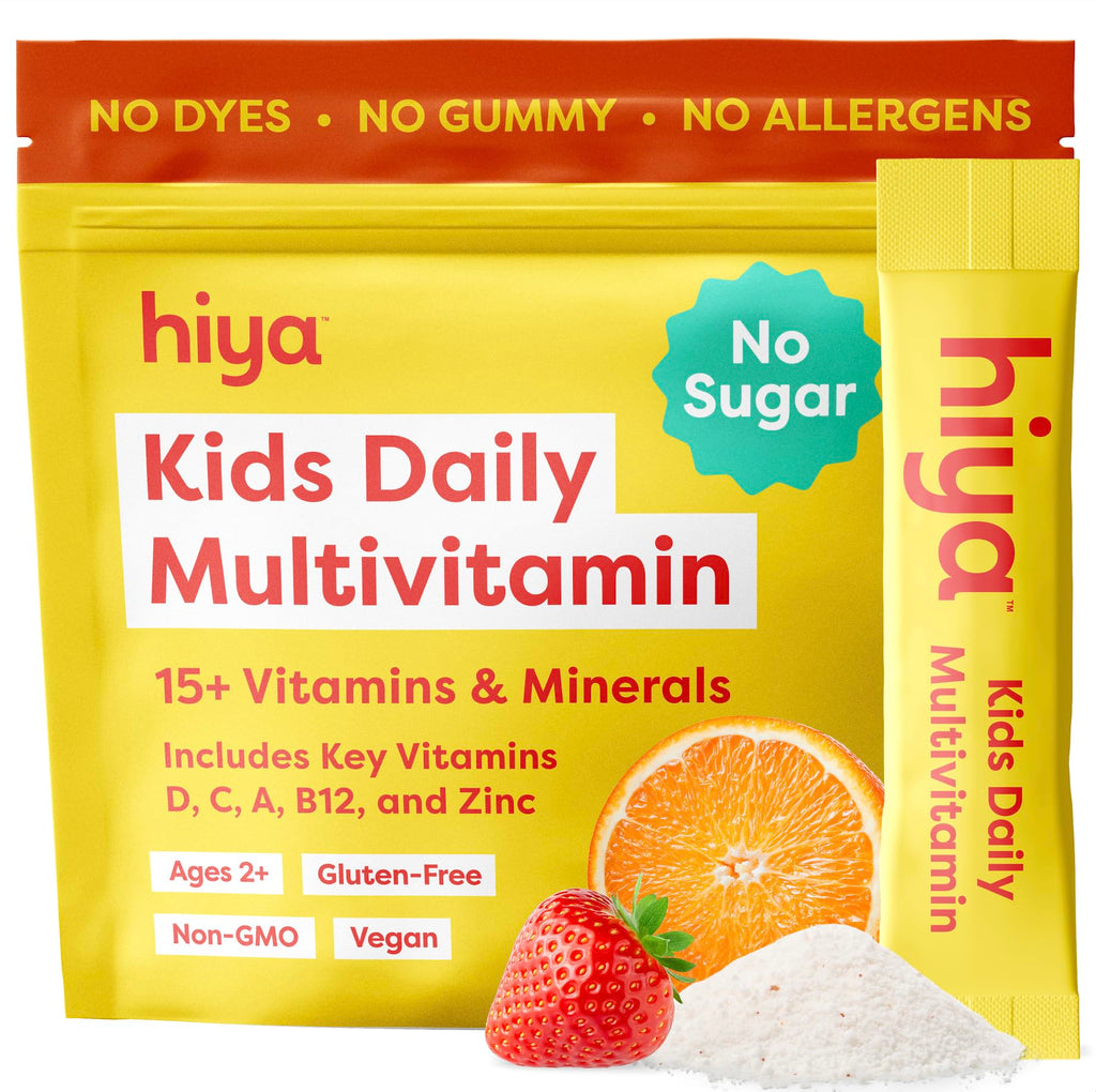 Hiya Kids Multivitamin – 15+ Essential Vitamins & Minerals with Fruits & Veggies for Ages 2+, Supports Growth, Development & Immune, 0g Sugar – 20 Stick Packs for Toddlers & Kids