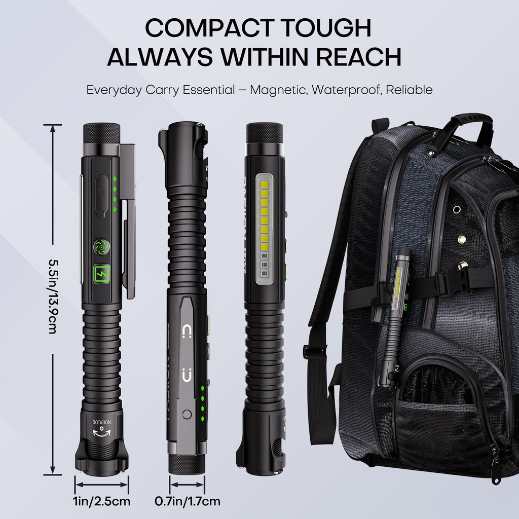 PASIION EDC Flashlight Rechargeable,800 Lumen Small Flashlight with Magnetic Clip & Base, 11 Modes LED Flashlight,Glass Breaker&Bottle Opener, USB-C Flashlight for Working,Home and Emergency