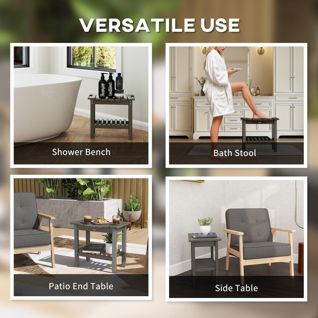 Outsunny Shower Bench for Inside Shower, HDPE Shower Stool with Handle, Storage Shelf, Non-Slip Pads, Waterproof Foot Stool for Indoor Outdoor, Dark Gray