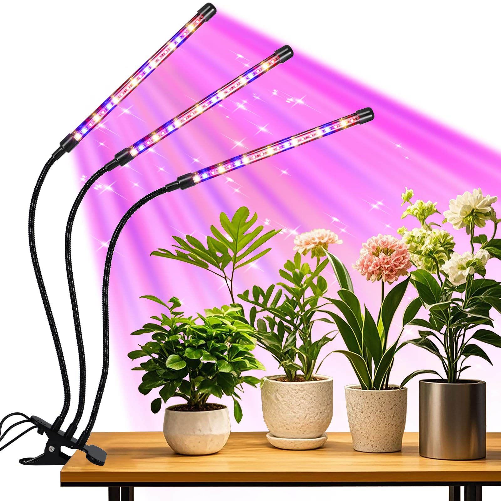 LED Plant Grow Light, Suitable for Indoor Plants, Full Spectrum Clip on Plant Growing Light with Red, Blue, Yellow Beads, 10 Brightness Levels, 3 Light Modes, 3/9/12H Auto Timer, 3 Head
