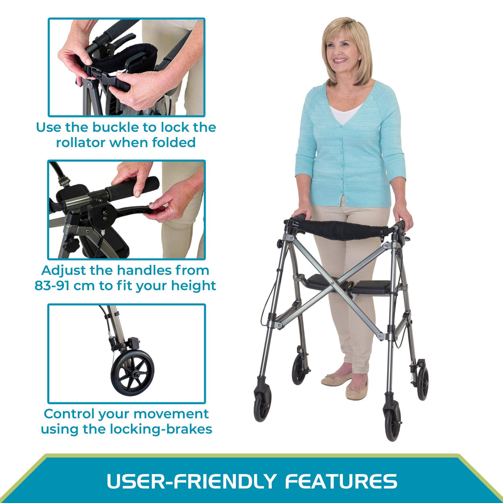 Stander Wonder Rollator, Lightweight Folding Space Saver Mobility Rolling Walker for Seniors and Adults, 6-inch Wheels, Locking Brakes, and Padded Seat with Backrest, Black Walnut
