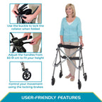 Stander Wonder Rollator, Lightweight Folding Space Saver Mobility Rolling Walker for Seniors and Adults, 6-inch Wheels, Locking Brakes, and Padded Seat with Backrest, Black Walnut