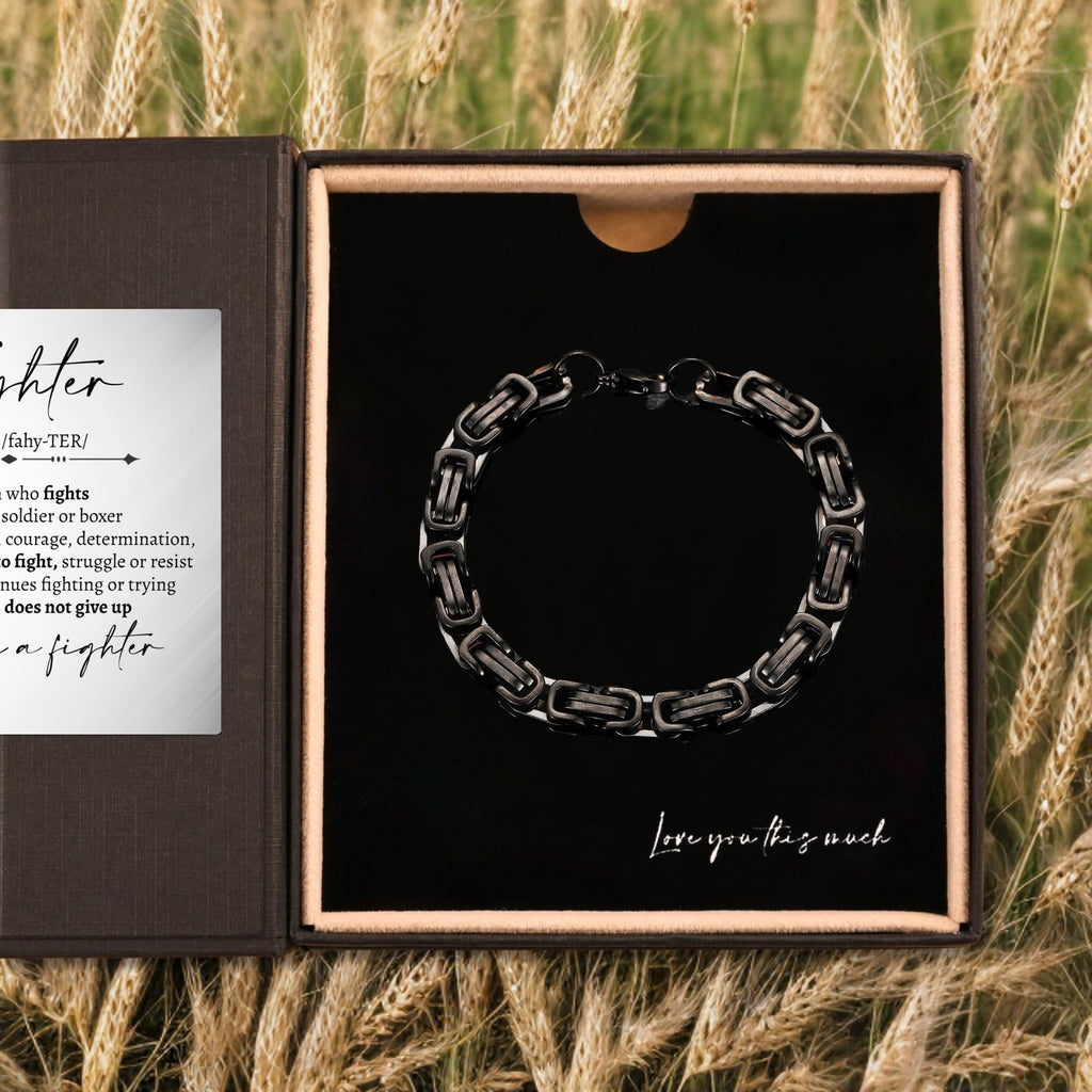 Love You This Much You Are a Fighter 5mm Twist Bracelet, Cancer Care Gifts for Men, Male Hospital Gift, Manly Get Well Gift for Him, For a Man in the Hospital, Luxury Box & Card (Black/Black)