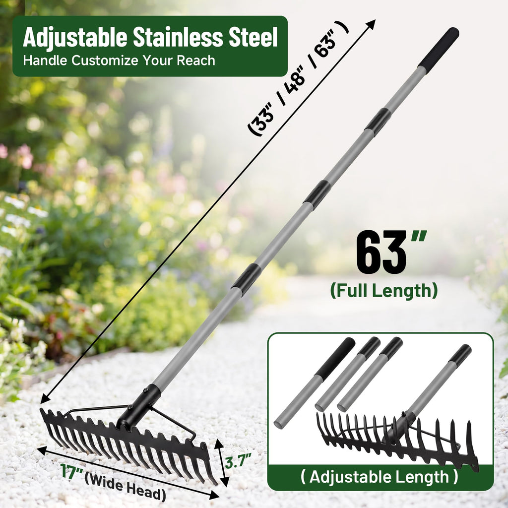 Walensee Heavy Duty Dual-Sided Bow Rake, 63" Stainless Steel Handle, Heat-Treated Manganese Steel Head, 17 Steel Tines Metal Garden Rake for Soil Loosening, Yard Leveling, Lawn Care and Thatch Removal