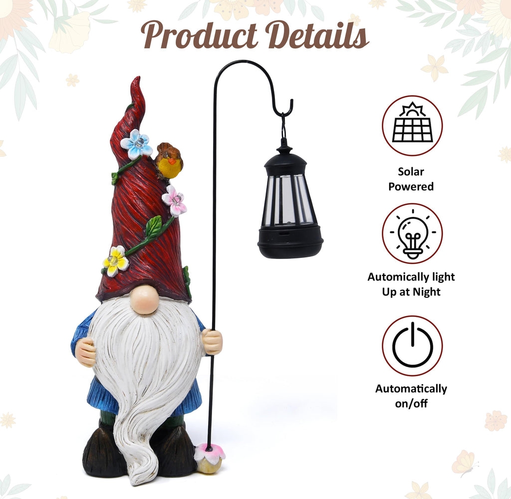 Outdoor Garden Gnome Statue with Solar Lantern Light Resin Yard Decor Patio Lawn Pathway Figurine Holiday Decoration Gnome Gift for Women Mom