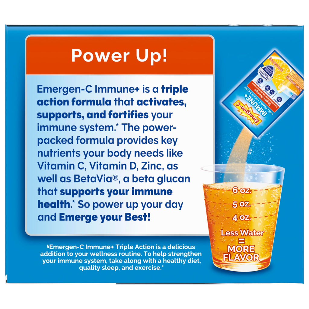 Emergen-C Immune+ Triple Action Immune Support Powder, BetaVia (R), 1000mg Vitamin C, B Vitamins, Vitamin D and Antioxidants, Super Orange, Back to School Essentials – 50 Count